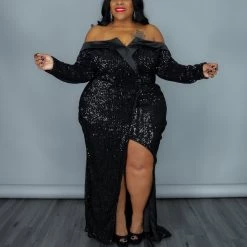 Curvaceous Boutique Black Sequin Tuxedo Gown DRESSES