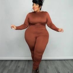 Curvaceous Boutique SALE Brown Ruched Catsuit
