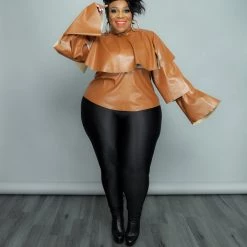 Curvaceous Boutique Cognac Tiered Vegan Leather Top