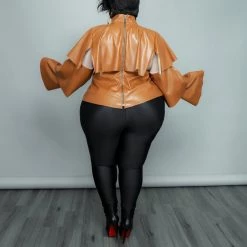 Curvaceous Boutique Cognac Tiered Vegan Leather Top
