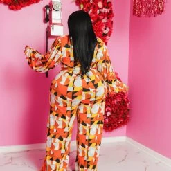 Curvaceous Boutique Orange Abstract Wide Leg Jumpsuit JUMPSUITS