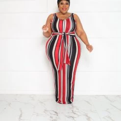 Curvaceous Boutique Red Stripes Tie Tank Dress NEW