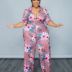 Curvaceous Boutique Pink Flower Bomb Jumpsuit