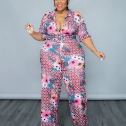 Curvaceous Boutique Pink Flower Bomb Jumpsuit
