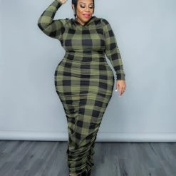 Curvaceous Boutique Green Plaid Hoodie Dress
