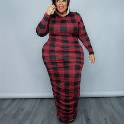 Curvaceous Boutique Burgundy Plaid Hoodie Dress DRESSES