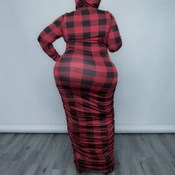 Curvaceous Boutique Burgundy Plaid Hoodie Dress DRESSES