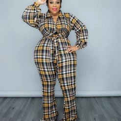 Curvaceous Boutique Yellow Perfect In Plaid Jumpsuit JUMPSUITS