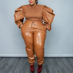 Curvaceous Boutique Cognac Vegan Leather Jogger Set