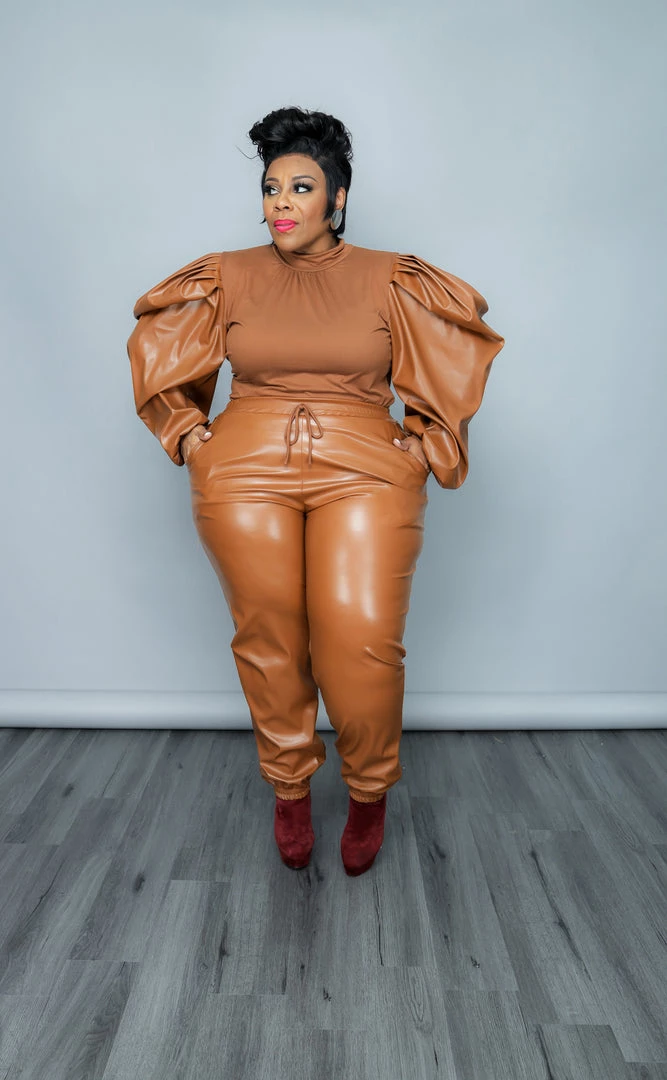 Curvaceous Boutique Cognac Vegan Leather Jogger Set 3 Curvaceous Boutique Cognac Vegan Leather Jogger Set