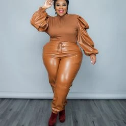 Curvaceous Boutique Cognac Vegan Leather Jogger Set 5 Curvaceous Boutique Cognac Vegan Leather Jogger Set