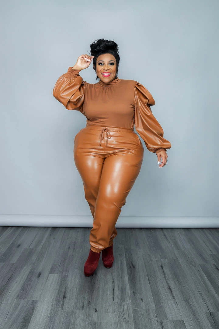 Curvaceous Boutique Cognac Vegan Leather Jogger Set 4 Curvaceous Boutique Cognac Vegan Leather Jogger Set