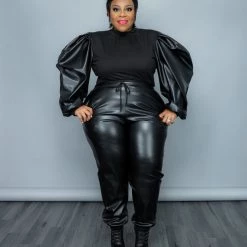 Curvaceous Boutique Black Vegan Leather Jogger Set SETS