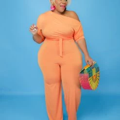 Curvaceous Boutique Orange Dolly Off Shoulder Jumpsuit