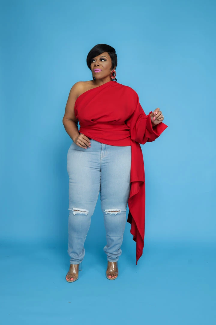 Curvaceous Boutique Red Cascading One Sleeve Top 3 Curvaceous Boutique Red Cascading One Sleeve Top
