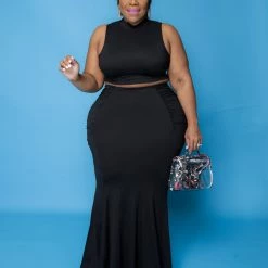 Curvaceous Boutique Black Ruch Aside Skirt Set SETS