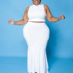 Curvaceous Boutique White Ruch Aside Skirt Set SETS