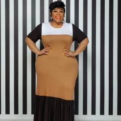 Curvaceous Boutique Brown On Trend Color-Block Dress DRESSES