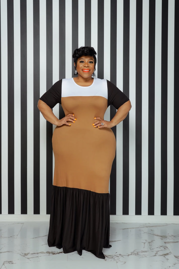 Curvaceous Boutique Brown On Trend Color-Block Dress DRESSES 3 Curvaceous Boutique Brown On Trend Color-Block Dress DRESSES
