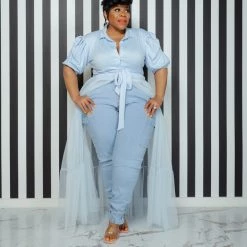 Curvaceous Boutique Blue Bishop Tulle Maxi Top