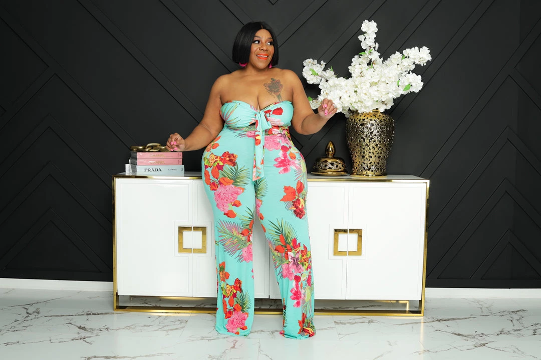 Curvaceous Boutique Teal& Pink Tube Tie Jumpsuit 4 Curvaceous Boutique Teal& Pink Tube Tie Jumpsuit
