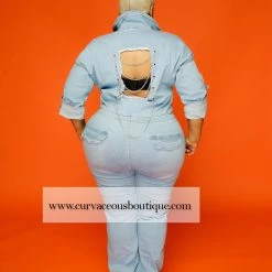 Curvaceous Boutique JUMPSUITS Light Blue Denim Open Back Jumpsuit