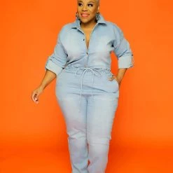 Curvaceous Boutique JUMPSUITS Light Blue Denim Open Back Jumpsuit
