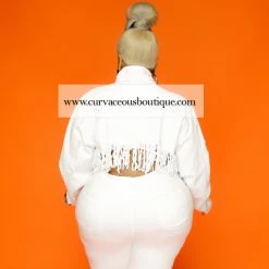 Curvaceous Boutique White Denim Frayed Hem Jacket BLAZERS/VESTS/JACKETS
