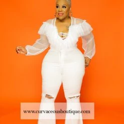 Curvaceous Boutique White Distressed Bell Bottom Jeans