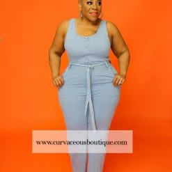 Curvaceous Boutique Light Blue Kendra Denim Jumpsuit NEW