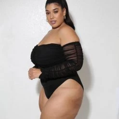 Curvaceous Boutique Black Mesh Ruched Bodysuit TOPS