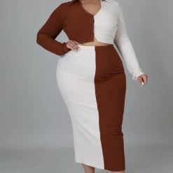 Curvaceous Boutique Brown Split It Skirt Set