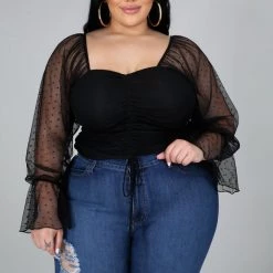 Curvaceous Boutique Black Mesh Drawstring Top SALE