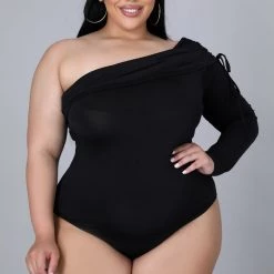 Curvaceous Boutique Black One Sleeve Body-suit TOPS