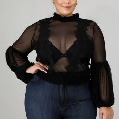 Curvaceous Boutique Black Crochet Sheer Top