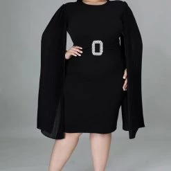 Curvaceous Boutique Black Pleated Sleeves Dress DRESSES