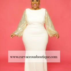 Curvaceous Boutique Ivory Runway Sequin Gown DRESSES