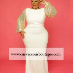 Curvaceous Boutique Ivory Runway Sequin Gown DRESSES