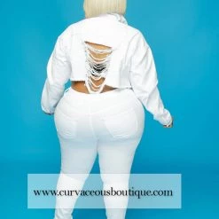 Curvaceous Boutique White Distressed Denim Crop Jacket NEW