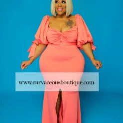 Curvaceous Boutique Coral Zaya Puff Sleeve Dress SALE