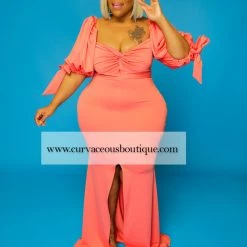 Curvaceous Boutique Coral Zaya Puff Sleeve Dress SALE