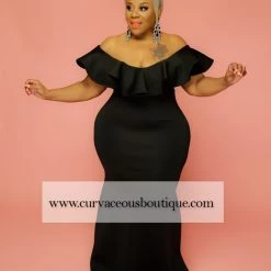 Curvaceous Boutique Black Chandler Ruffle Gown DRESSES