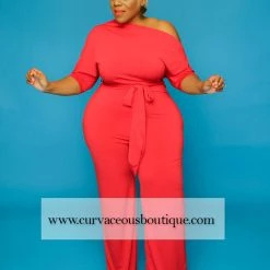 Curvaceous Boutique Red Dolly Off Shoulder Jumpsuit