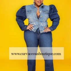 Curvaceous Boutique BLAZERS/VESTS/JACKETS Dark Puff Sleeve Denim Jacket