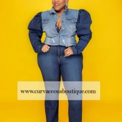 Curvaceous Boutique BLAZERS/VESTS/JACKETS Dark Puff Sleeve Denim Jacket