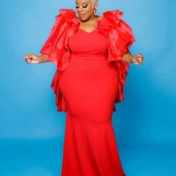 Curvaceous Boutique Red Whitney Chiffon Draped Gown