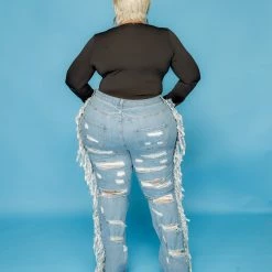 Curvaceous Boutique Blue Side Piece Fringe Jeans