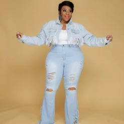 Curvaceous Boutique BLAZERS/VESTS/JACKETS Light Blue Fringe Denim Jacket