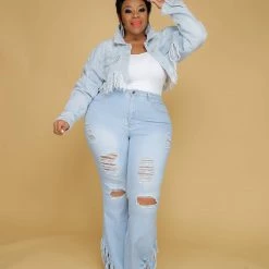 Curvaceous Boutique BLAZERS/VESTS/JACKETS Light Blue Fringe Denim Jacket 7 Curvaceous Boutique BLAZERS/VESTS/JACKETS Light Blue Fringe Denim Jacket