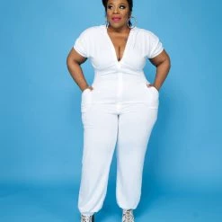 Curvaceous Boutique White Take Off Jogger Jumpsuit JUMPSUITS
